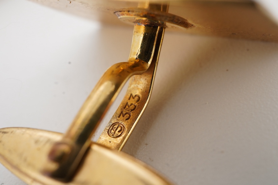 A pair of low carat gold cufflinks, the rectangular fronts with a brushed finish, each stamped 333, maker's mark, combined gross weight approximately 8 grams